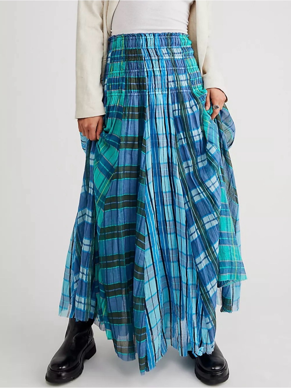 FREE PEOPLE FP ONE Lausanne Blue Green Plaid Check Convertible Dress Maxi Skirt